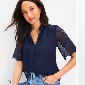 NWT LOFT Petite Clip Eyelet Modern Tie Neck Blouse